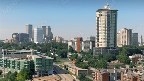 Tulsa, Oklahoma, USA. Aerial of over suburbs and the downtown city skyline. photo
