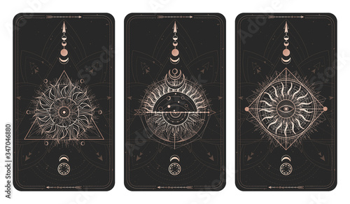 Vector set of three dark illustrations with sacred geometry symbols, grunge textures and frames. Images in black and gold colors. 