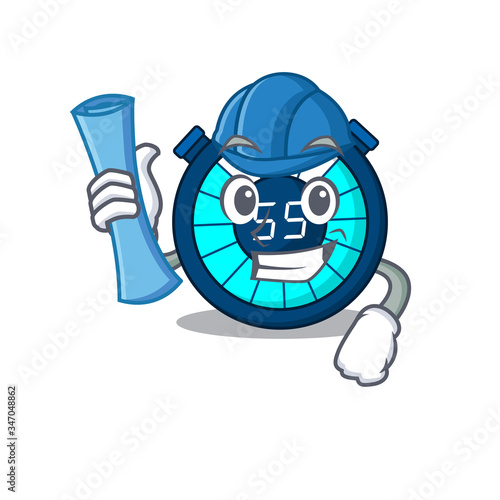 Cartoon character of hourglass brainy Architect with blue prints and blue helmet