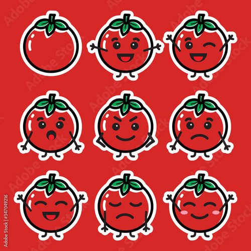 Set of cute cartoon colorful tomato with different emotions. Funny emotions character collection for kids. Fantasy characters. Vector illustrations, cartoon flat style. You can use for your mascot.
