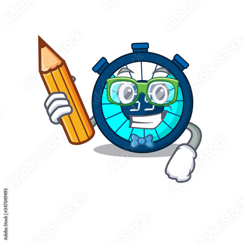 A brainy student hourglass cartoon character with pencil and glasses
