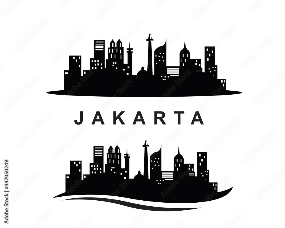 jakarta city skyline dark silhouette background, vector illustration