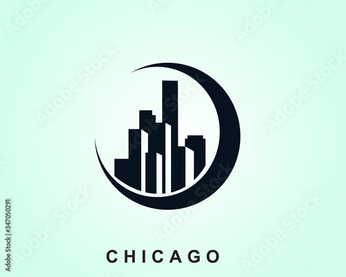 circle icon city silhouette building chicago background, vector illustration