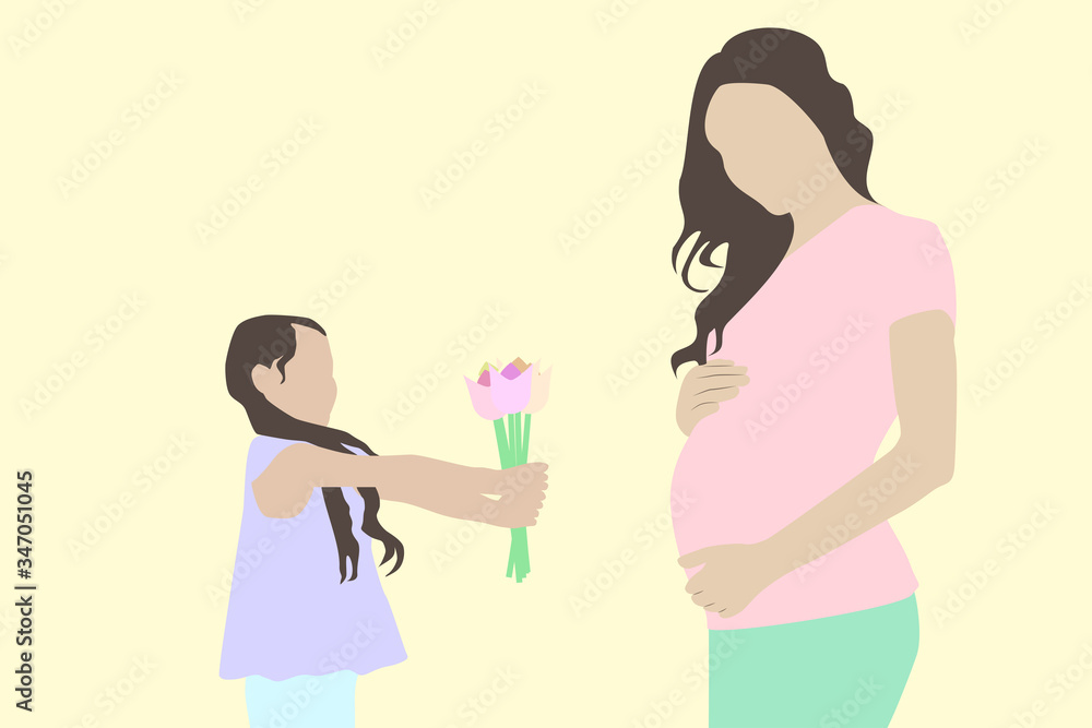 Little girl offering flowers to her pregnant mother for the mothers day vector design illustration Little girl offering flowers to her pregnant mother for the mothers day vector design illustration