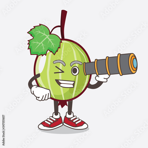 Gooseberry Fruit cartoon mascot character using a monocular