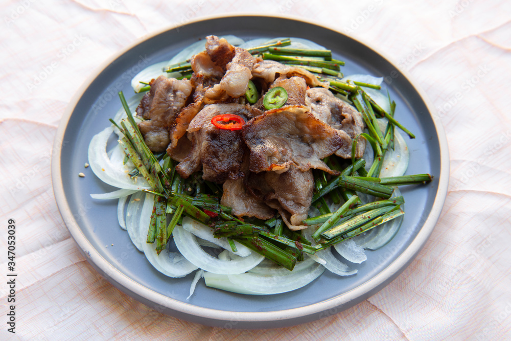 Fried Beef Brisket with garlic chives salad Fried Beef Brisket with garlic chives salad