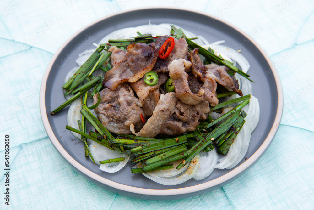 Fried Beef Brisket with garlic chives salad Fried Beef Brisket with garlic chives salad