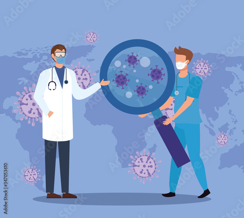 staff medicine and magnifying glass with particles covid 19 vector illustration design