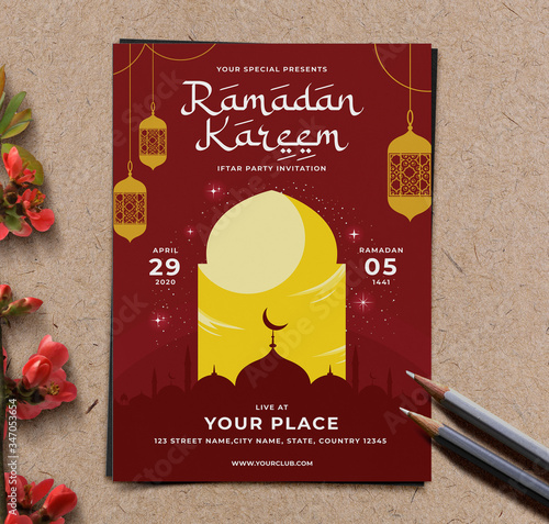 Red Colour Ramadan Kareem Flyer Template Layout With Arabic Style Letter