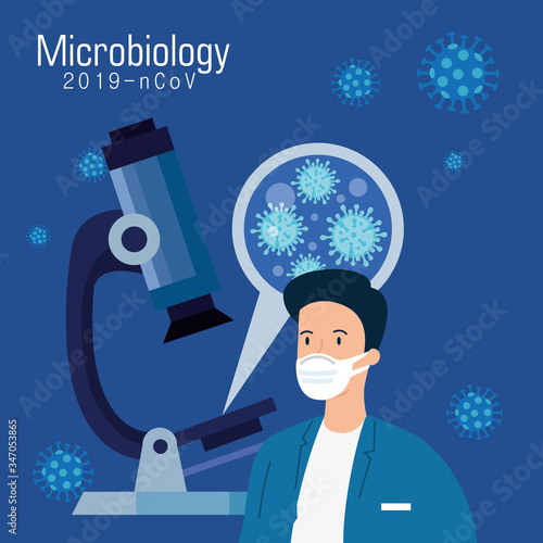 microbiology for covid 19 with doctor and microscope vector illustration design