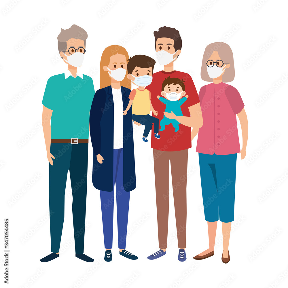Fototapeta premium cute group family using face mask vector illustration design