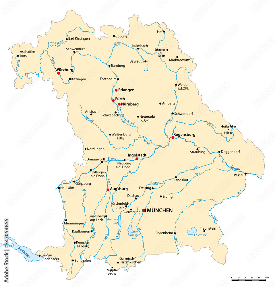 Vector map of the state of Bavaria with major cities, Germany