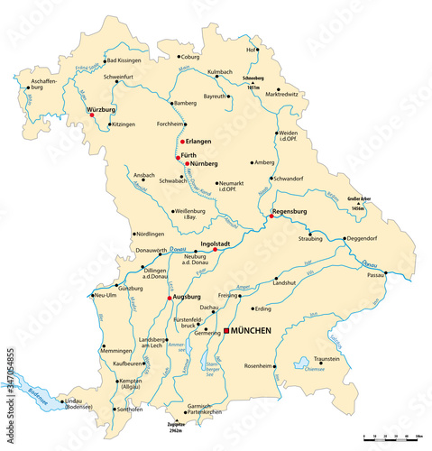 Vector map of the state of Bavaria with major cities  Germany