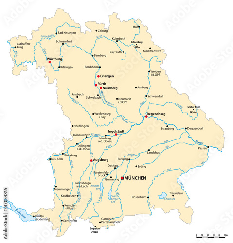 Vector map of the state of Bavaria with major cities, Germany