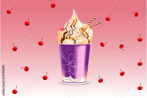 Ice cream cup ads  vanilla frozen yogurt or soft ice cream, with natural cherry background .vector template illustration.