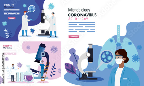 set poster of microbiology for covid 19 and medical icons vector illustration design