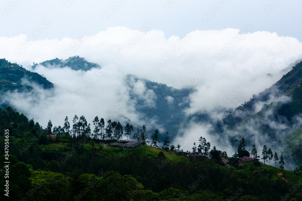 Foggy mountain in the spring morning outside the city of Medellin Colombia one