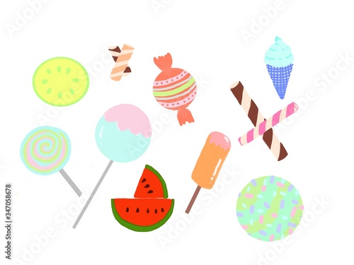 Many kinds of hard fancy candies, lemon candy, toffee, ice cream, candy stick, lollipops, candy ball and candy ball with sprinkles.