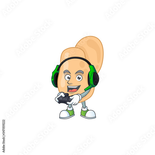 A cartoon design of sarcina talented gamer play with headphone and controller