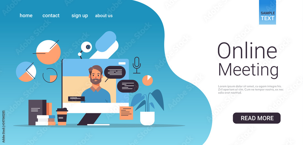 businessman on computer monitor screen webinar video call online meeting coronavirus quarantine concept horizontal portrait copy space vector illustration businessman on computer monitor screen webinar video call online meeting coronavirus quarantine concept horizontal portrait copy space vector illustration