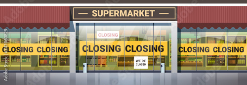empty supermarket with yellow closing tape coronavirus pandemic quarantine covid-19 concept no people grocery shop market exterior horizontal vector illustration
