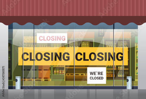 empty supermarket with yellow closing tape coronavirus pandemic quarantine covid-19 concept no people grocery shop market exterior horizontal vector illustration