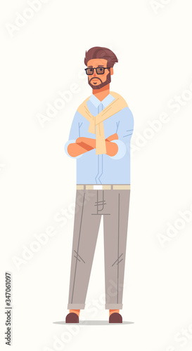 businessman keeping arms crossed business man folded hands emotions and body language concept male cartoon character standing pose full length vertical vector illustration