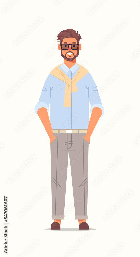 businessman standing with hands in pockets business man wearing formal wear emotions and body language concept male cartoon character full length vertical vector illustration