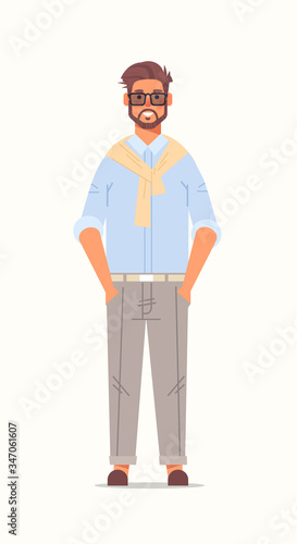 businessman standing with hands in pockets business man wearing formal wear emotions and body language concept male cartoon character full length vertical vector illustration