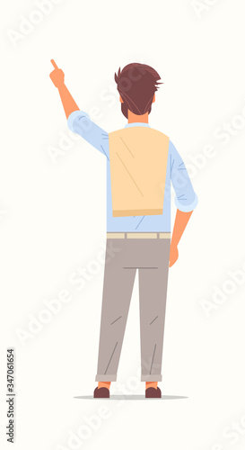 businessman showing presenting something emotions and body language concept rear view male cartoon character standing pose full length vertical vector illustration