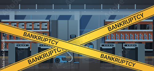 empty electronics store with yellow bankruptcy tape coronavirus pandemic quarantine covid-19 concept no people shop interior horizontal vector illustration