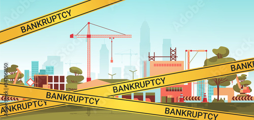 unfinished building with yellow bankruptcy tape coronavirus pandemic quarantine covid-19 concept empty no people construction site copy space horizontal vector illustration