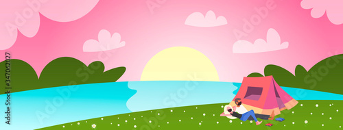 young couple in medical masks enjoying the camping coronavirus pandemic quarantine concept man woman having rest lying on grass sunset landscape background horizontal full length vector illustration