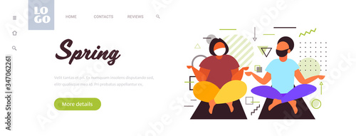 african american couple in medical masks sitting lotus pose and meditating coronavirus pandemic quarantine concept horizontal copy space full length vector illustration