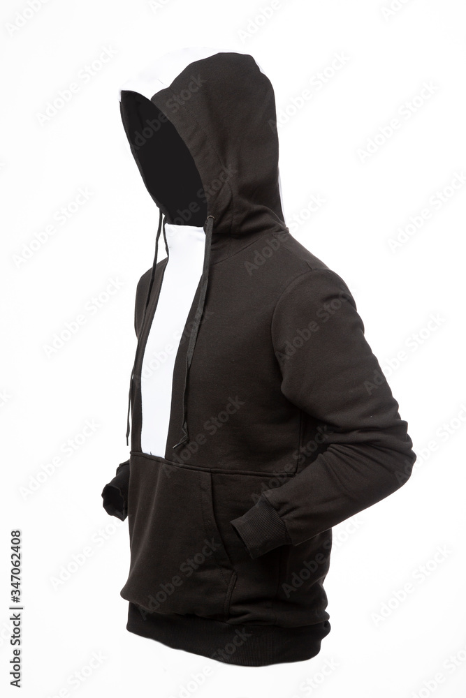 Men's hoodie black and white with hood, ghostly mannequin isolated on white background