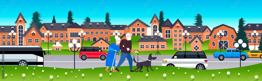 mature couple walking with dog senior man woman wearing mask to prevent coronavirus pandemic covid-19 quarantine concept cityscape background horizontal full length vector illustration mature couple walking with dog senior man woman wearing mask to prevent coronavirus pandemic covid-19 quarantine concept cityscape background horizontal full length vector illustration