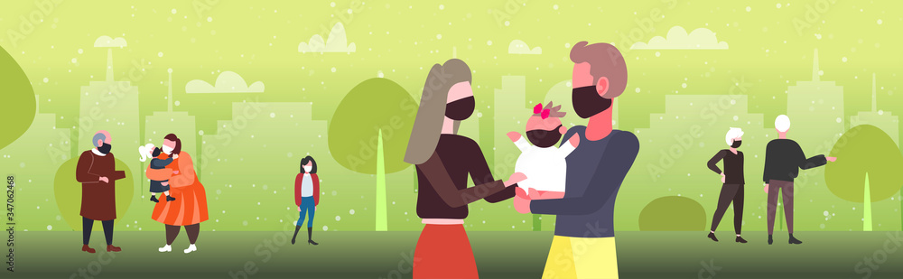 parents walking with baby toddler family wearing masks to prevent coronavirus pandemic covid-19 quarantine concept cityscape background horizontal portrait vector illustration parents walking with baby toddler family wearing masks to prevent coronavirus pandemic covid-19 quarantine concept cityscape background horizontal portrait vector illustration