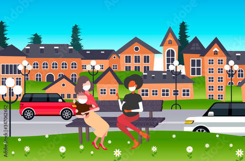 pregnant woman and mother with child in face masks to prevent coronavirus pandemic covid-19 quarantine concept people discussing on wooden bench horizontal full length vector illustration