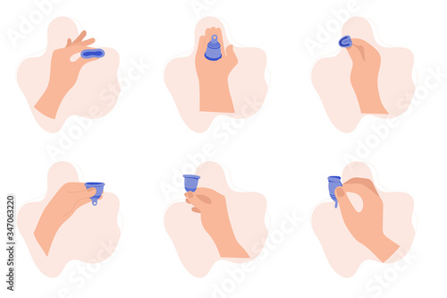 Menstrual cup, sanitary protection for woman in period. Device for collecting blood, zero waste cup. Vector infographic instruction.