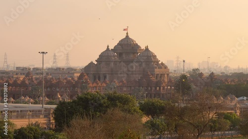 Travel and Vacation Attraction Landmark - Famous Akshardham Hindu Temple at Sunset in Delhi photo