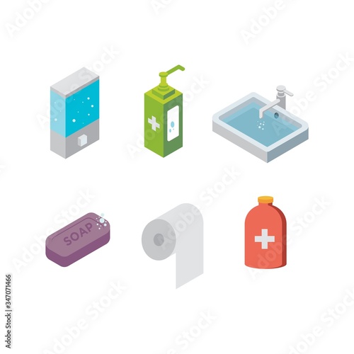 Covid19 Prevention Kit a Set of Sanitation Tools in Isometric Vector Illustration Icon