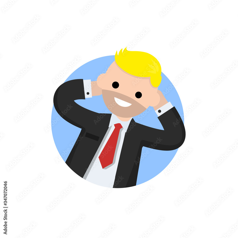 Successful businessman in suit. Gesture with hands behind head. Stay on job. Happy man in tie. Business and joy icon. Cartoon flat illustration isolated on white Successful businessman in suit. Gesture with hands behind head. Stay on job. Happy man in tie. Business and joy icon. Cartoon flat illustration isolated on white