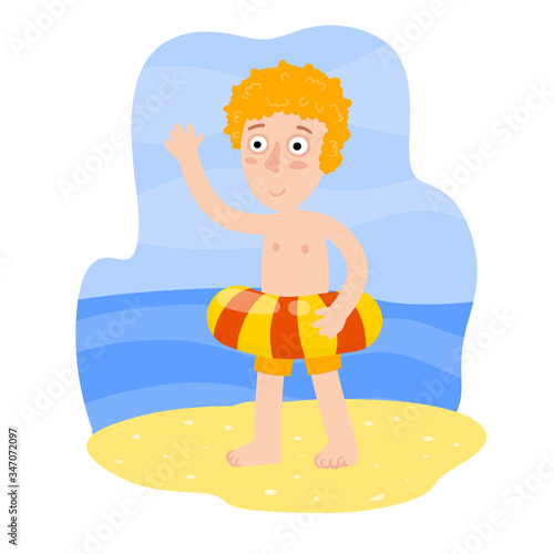 Boy with swimming ring. Red hair Child learns to swim. Funny Boy playing. Flat cartoon. Summer holiday. Element of vacation  sea and beach