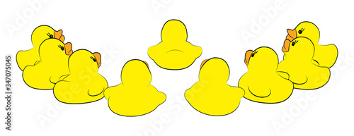 Yellow duck toy on white background. Business conflict, Leadership, Teamwork or Friendship Concept. Vector
