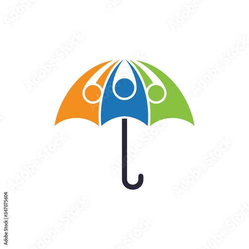 umbrella with colorful people vector logo icon, human protection and care, insurance icon, law advocacy, abstract object logo template