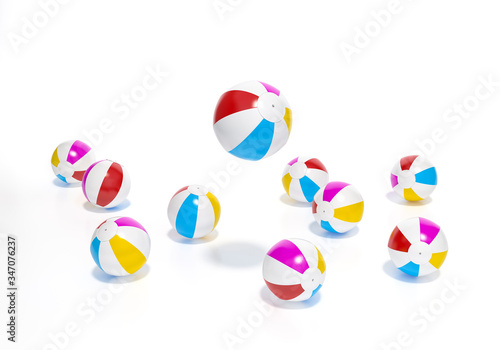Beach ball isolated on white background 3d rendering. 3d illustration multicolored beach ball, Relax, holiday template minimal Summer concept.