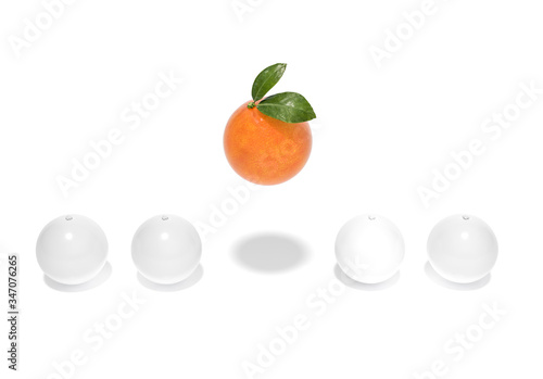 Outstanding orange Floating among white orange on white background 3d rendering. 3d illustration fruit, refreshing and Summer minimal style concept.