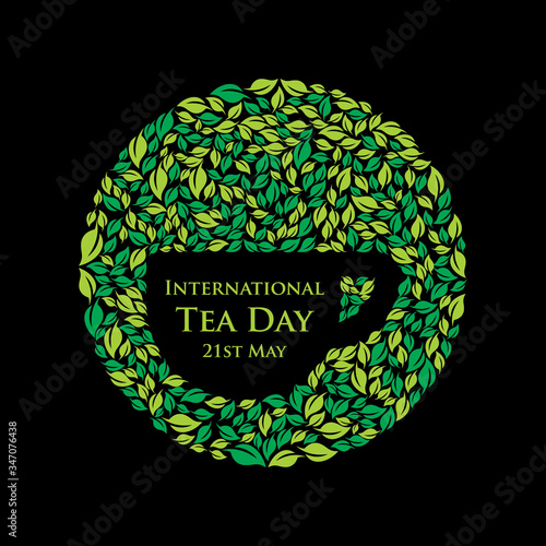 International tea day graphic illustration with cup and circle shape of leaf.