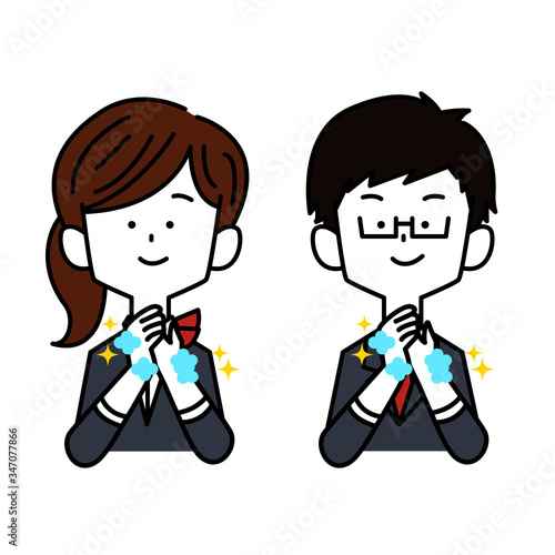 手洗いをする接客業の男女