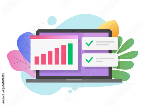 Financial research or sales data statistics audit on computer laptop vector flat cartoon, tax analysis or analytics digital online reports, accounting or stats inspection or quality evaluation check